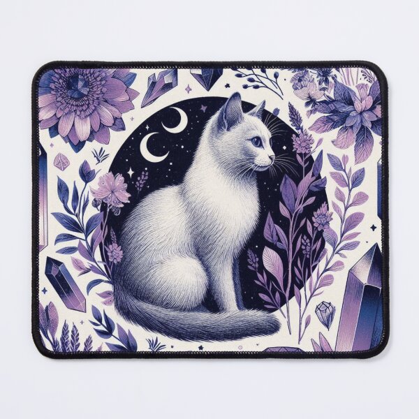Item preview, White cat surrounded by crystals/ flowers designed and sold by TheMysticCats.