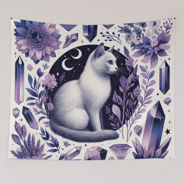 Item preview, White cat surrounded by crystals/ flowers designed and sold by TheMysticCats.