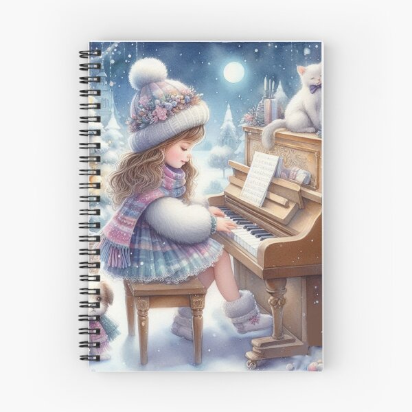 Item preview, Girl playing piano outside in the moonlit snow with her small dogs and cat at Christmas. designed and sold by ElegantTeaTime.