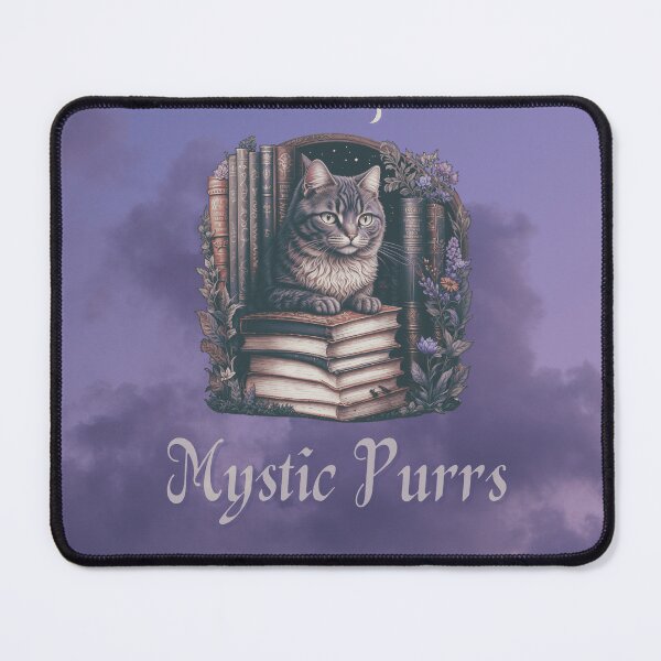 Aperçu de l'œuvre Chat noir mystique avec des fleurs violettes et des livres gothiques sur fond violet créée et vendue par RetroPrism.