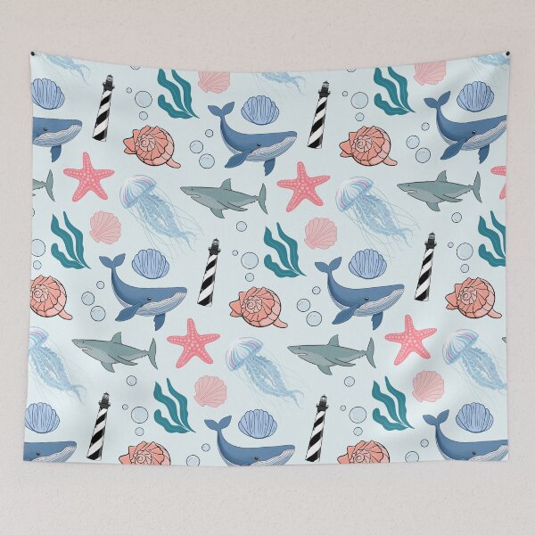 Item preview, Coastal OBX pattern with lighthouse and whelk designed and sold by Fox Swell Media.