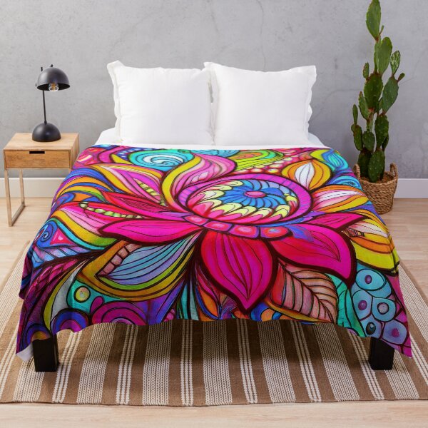 Item preview, Psychedelic flowers, colorful art, bold colors, pink, blue, purple, yellow, designed and sold by karinasalwaszka.