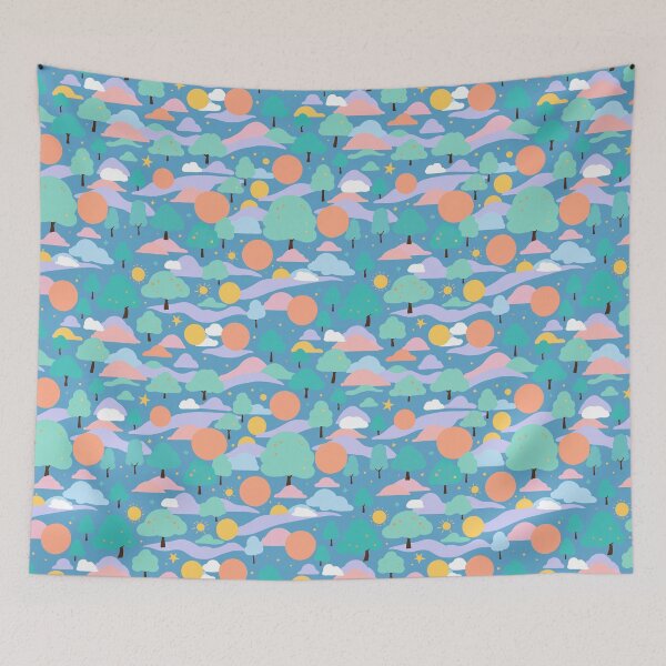 Item preview, Cozy Hand drawn illustration cute blue landscape trees mountains sun and clouds for children and illustrators designed and sold by · GAMING SOUL ·.
