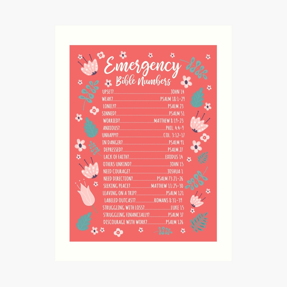 emergency bible numbers floral art print by jenielsondesign redbubble