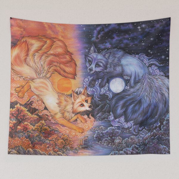 Artikelvorschau, Tag Nacht Kitsune Yin Yang Fuchs Fuchsgeist Inari Japan Mythologie entworfen und verkauft von ZadzeneaArt.
