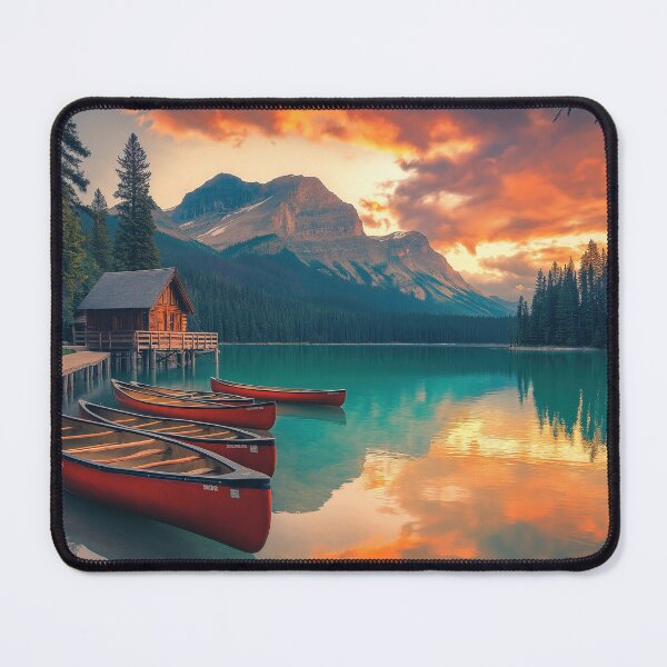 Item preview, Red canoes in cabin lake at sunrise - Landscape photo designed and sold by TheArtistOf2022.