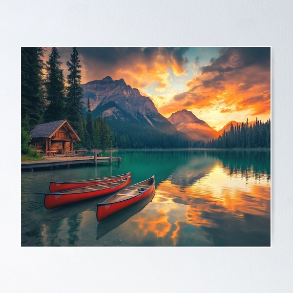 Artikelvorschau, Rote Kanus im Hüttensee bei Sonnenaufgang - Landschaftsfoto entworfen und verkauft von TheArtistOf2022.