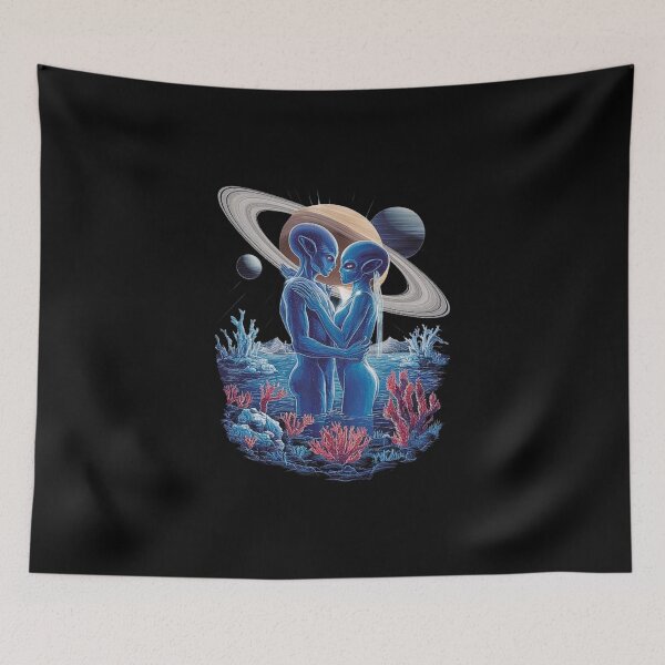 Item preview, Romantic Alien Couple Under Saturn – Cosmic Love Art designed and sold by love3617.