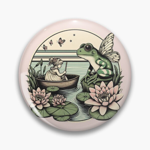 Item preview, Vintage style fairycore aesthetic artwork, nice fairy frog chatting with a little girl, water lilies around ! designed and sold by coloursforkids.