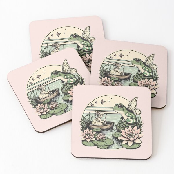 Item preview, Vintage style fairycore aesthetic artwork, nice fairy frog chatting with a little girl, water lilies around ! designed and sold by coloursforkids.