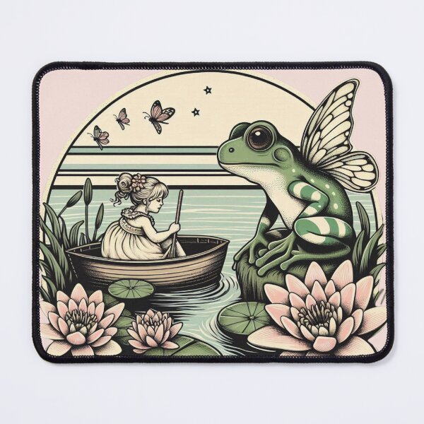 Item preview, Vintage style fairycore aesthetic artwork, nice fairy frog chatting with a little girl, water lilies around ! designed and sold by coloursforkids.