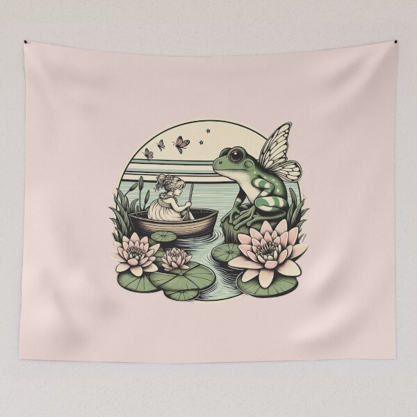 Item preview, Vintage style fairycore aesthetic artwork, nice fairy frog chatting with a little girl, water lilies around ! designed and sold by coloursforkids.