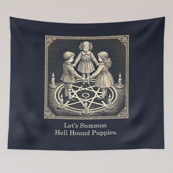 Item preview, "Let’s Summon Hell Hound Puppies" – Dark Humor Vintage Occult Art designed and sold by Victor Shadehorn.