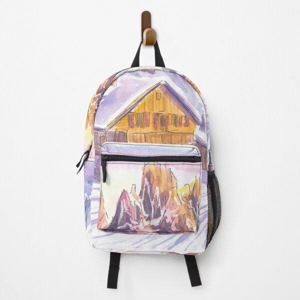 Artikelvorschau, Goldener Sonnenuntergang in den Dolomiten mit gemütlicher Hütte und schneebedeckten Gipfeln entworfen und verkauft von artshop77.