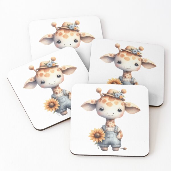 Item preview, A watercolor illustration of a cute giraffe wearing overalls and holding a sunflower designed and sold by ideandesign.