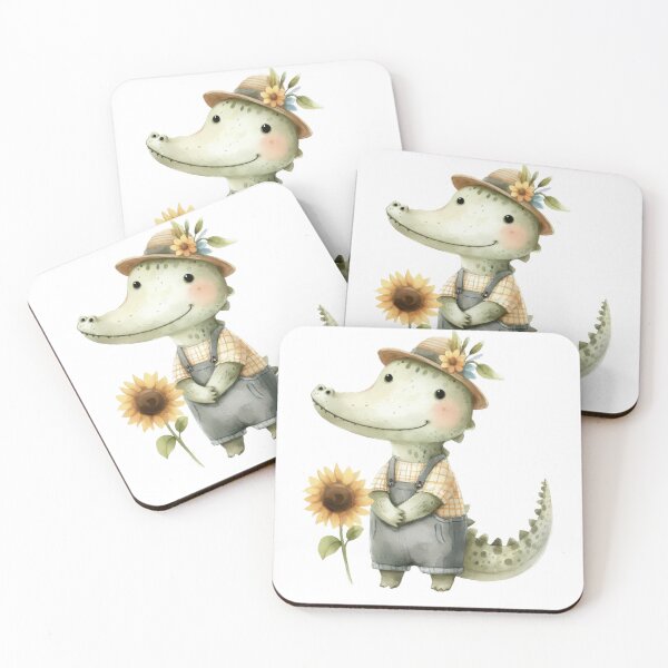Item preview, a watercolor illustration of a cute crocodile wear a overall and holding a sunflower  designed and sold by ideandesign.
