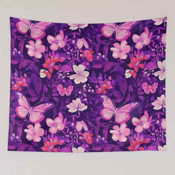 Item preview, Butterflies and flowers on purple background designed and sold by Fab-Haven.