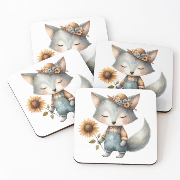 Item preview, a watercolor illustration of a cute wolf wear a overall and holding a sunflower  designed and sold by ideandesign.