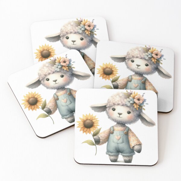 Item preview, a watercolor illustration of a cute lamb wear a overall and holding a sunflower  designed and sold by ideandesign.