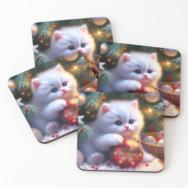 Item preview, Cute little white kitten playing with a christmas ball ornament under the Xmas tree oil painting style designed and sold by EmeraldeaDesign.