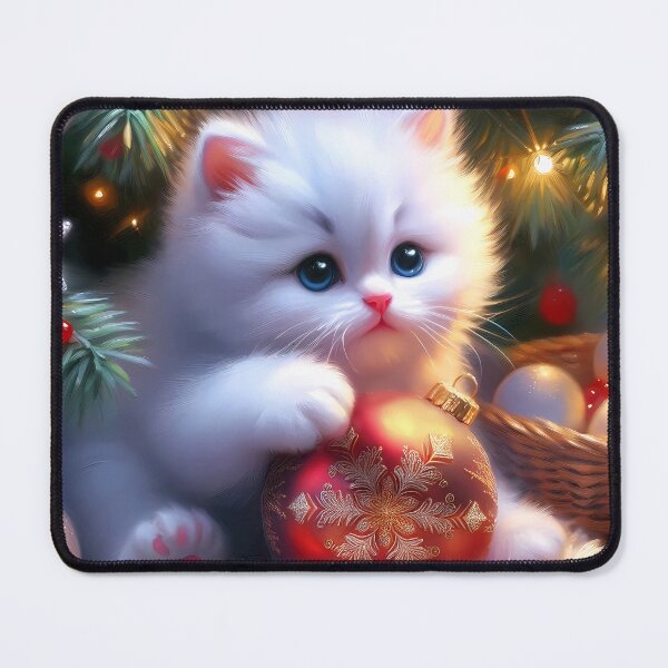 Item preview, Cute little white kitten playing with a christmas ball ornament under the Xmas tree oil painting style designed and sold by EmeraldeaDesign.