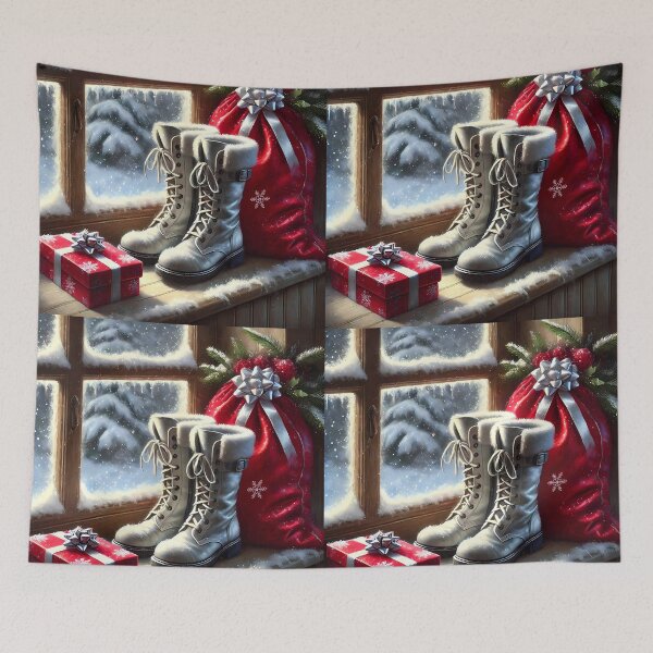 Item preview, europe santa bag and boots on sill white boots snowy sill, gift box designed and sold by EmeraldeaDesign.