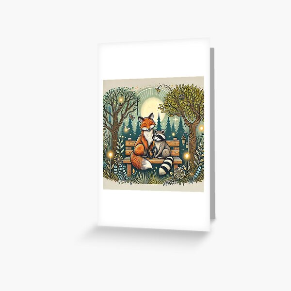 Item preview, Whimsical Fox and Raccoon on Forest Bench designed and sold by WildlifeWhimsy.