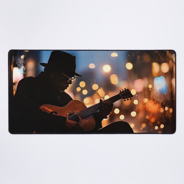 Artikelvorschau, Straßenmusiker mit Hintergrundbeleuchtung spielt Gitarre Blues entworfen und verkauft von DigiCre8.