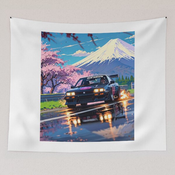 Item preview, JDM, Car, race, Japan, video game, Drift, Cherry Blossoms, Mt Fuji, Amazing, sunrise, reflection, sparks from tire,  designed and sold by tshirtart2024.
