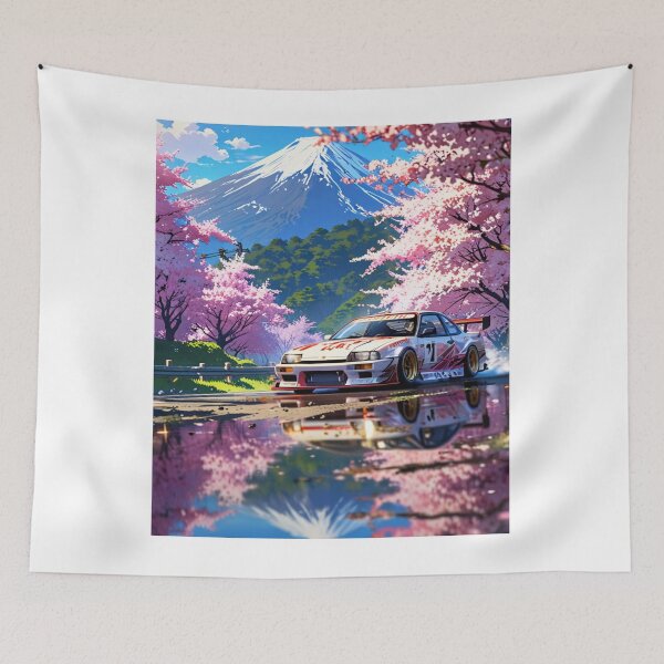 Item preview, JDM, Car, race, Japan, video game, Drift, Cherry Blossoms, Mt Fuji, Amazing, sunrise, reflection, sparks from tire,  designed and sold by tshirtart2024.