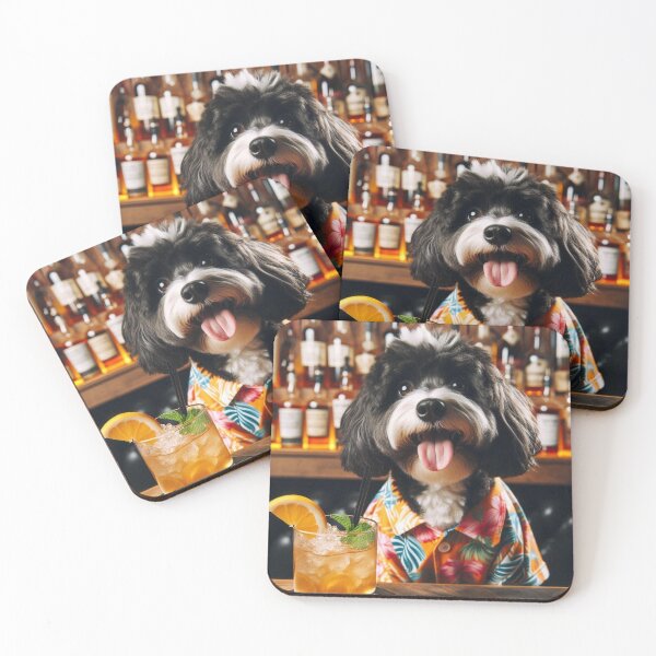 Item preview, Black and White Doodle Cockapoo Cavapoo enjoying cocktail designed and sold by Hello Llama.