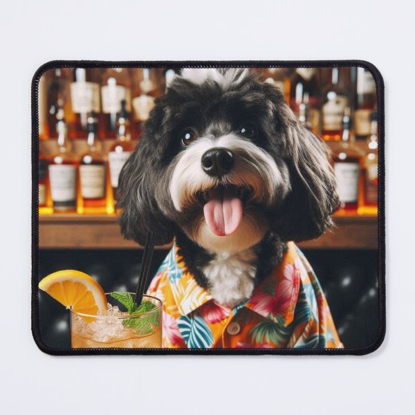 Item preview, Black and White Doodle Cockapoo Cavapoo enjoying cocktail designed and sold by Hello Llama.