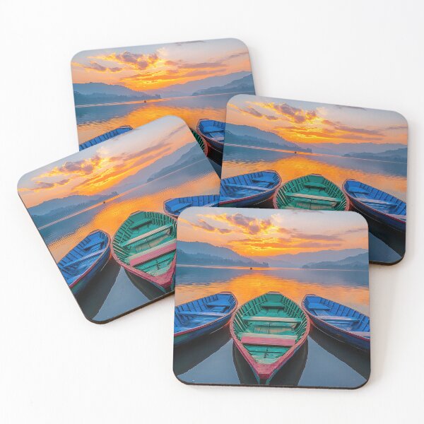 Item preview, Three vibrant boats on a serene lake at colorful sunset designed and sold by Artessie.
