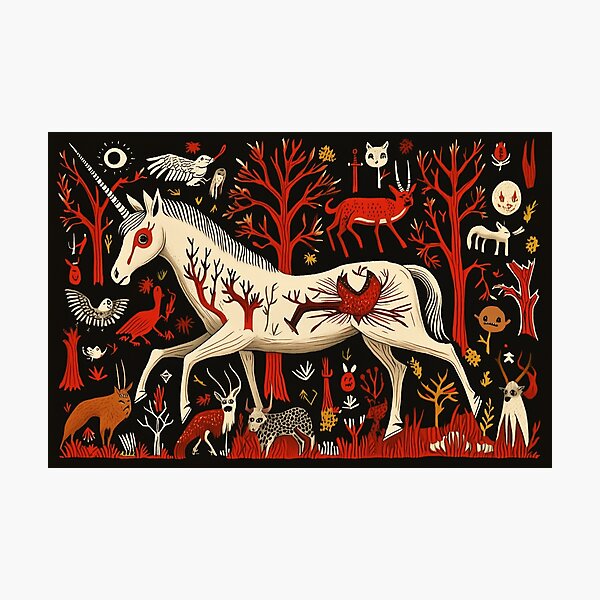 Item preview, Folk Art Unicorn in Mystical Garden  designed and sold by LonesomeKnight.