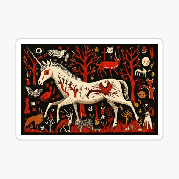 Item preview, Folk Art Unicorn in Mystical Garden  designed and sold by LonesomeKnight.