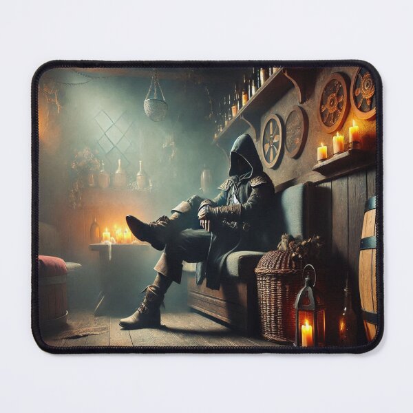 Item preview, AI generated hooded figure in the back of a tavern designed and sold by AI-this-is-AI.