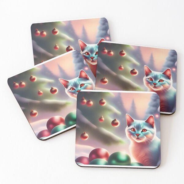 Item preview, white cat christmas and xmas tree balls red green snow background designed and sold by Rainbow Paws Garden.