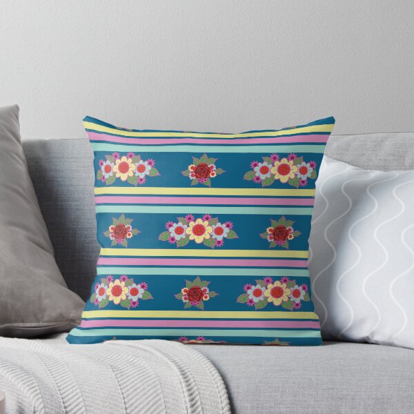 Item preview, Folk Art Floral Pattern, Pink, Yellow And Mint Green Stripes on Dark Blue designed and sold by scome.