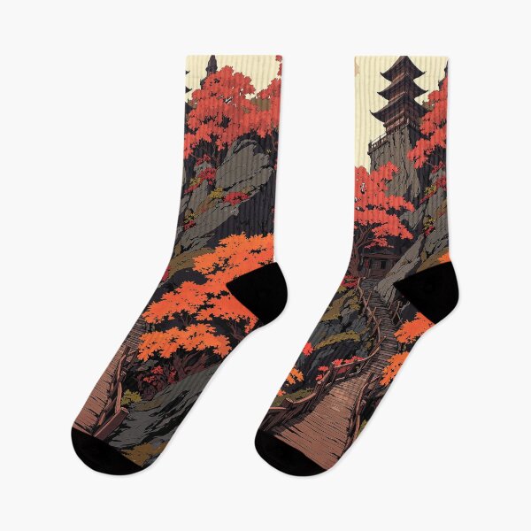 Item preview, Autumn ascent boardwalk journey through secluded pagoda temple designed and sold by MadeByHaresShop.
