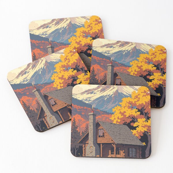 Item preview, Autumn chimney cabin under snowcapped peaks designed and sold by MadeByHaresShop.