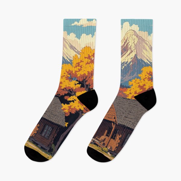 Item preview, Autumn chimney cabin under snowcapped peaks designed and sold by MadeByHaresShop.