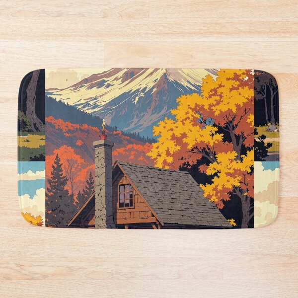 Item preview, Autumn chimney cabin under snowcapped peaks designed and sold by MadeByHaresShop.