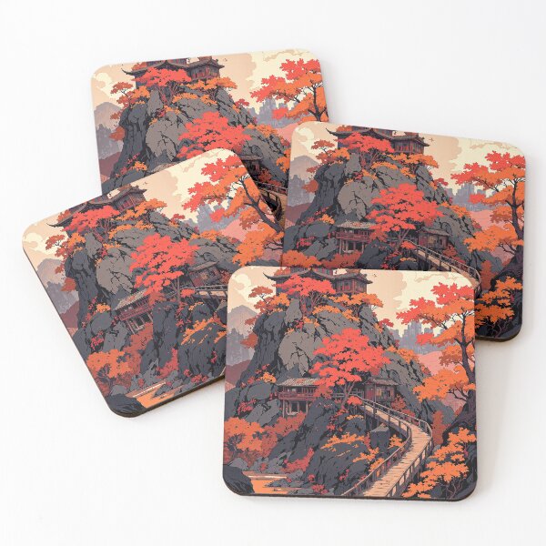 Item preview, Autumn reflections pagoda on rocky cliffside designed and sold by MadeByHaresShop.