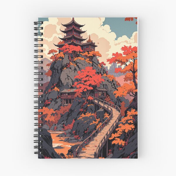 Item preview, Autumn reflections pagoda on rocky cliffside designed and sold by MadeByHaresShop.