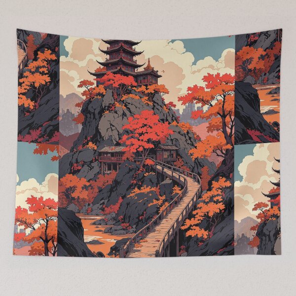 Item preview, Autumn reflections pagoda on rocky cliffside designed and sold by MadeByHaresShop.