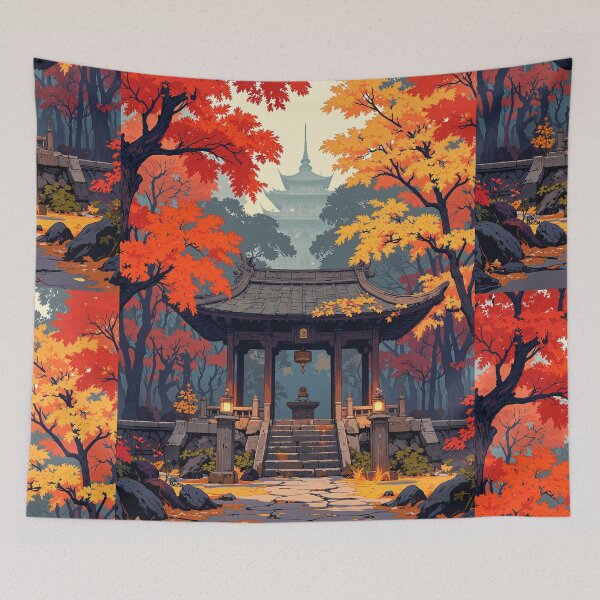 Item preview, Autumn reflections traditional chinese pavilion amongst ablaze leaves designed and sold by MadeByHaresShop.