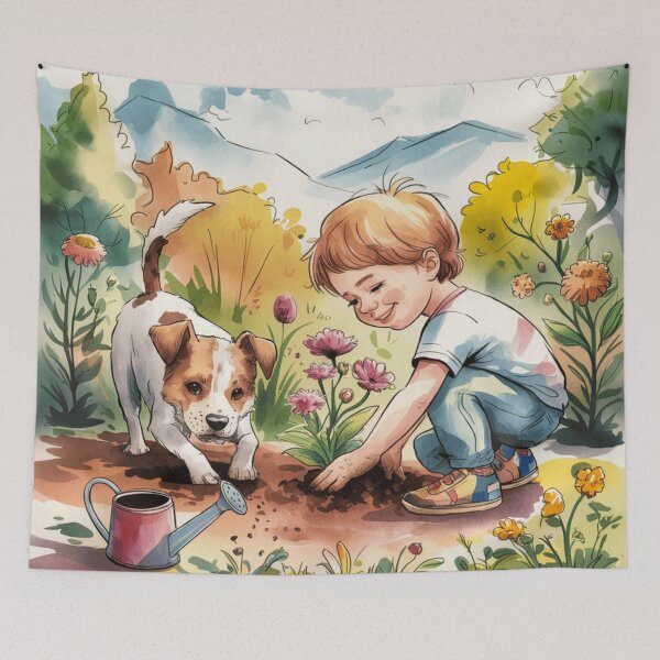 Item preview, La alegría de la jardinería: un niño y un cachorro plantando flores designed and sold by pnidesign.