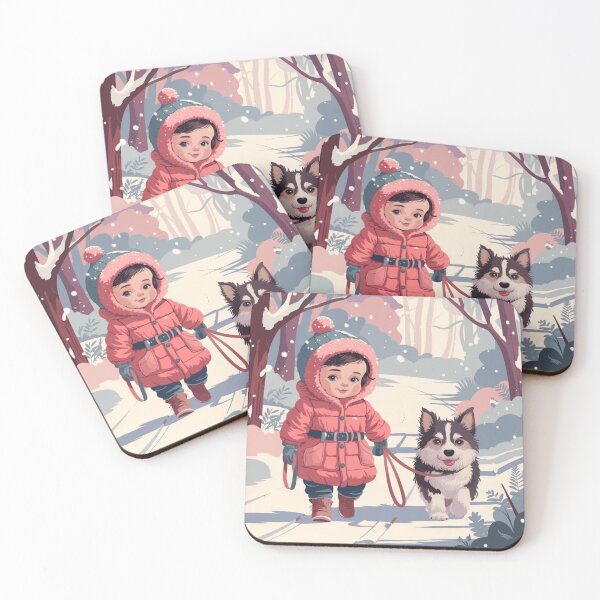 Aperçu de l'œuvre Promenade d'hiver : un adorable enfant avec un chiot dans une forêt enneigée créée et vendue par pnidesign.
