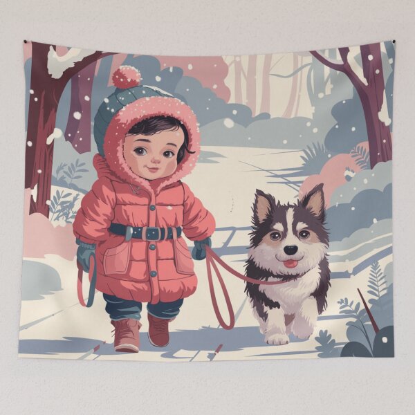 Artikelvorschau, Abenteuerlicher Winterspaziergang: Entzückendes Kind mit Welpe im verschneiten Wald entworfen und verkauft von pnidesign.