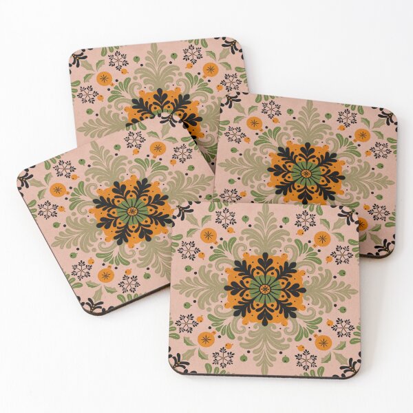 Item preview, Winter Snowflake Damask - Black - Green - Orange  designed and sold by Fezzyboo.